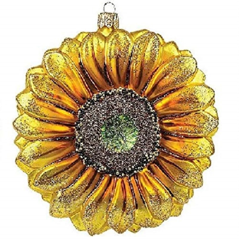 Sunflower glass Christmas ornament with gold petals and sparkly dark center