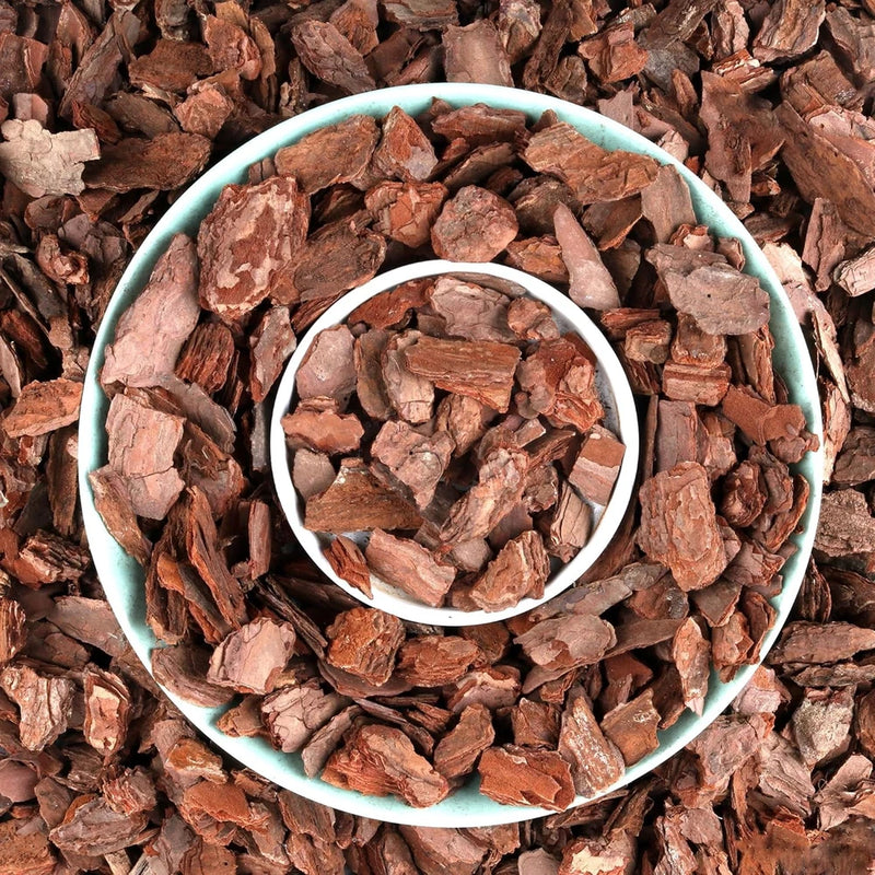 Orchid potting bark, dark reddish-brown wood chips in a round bowl