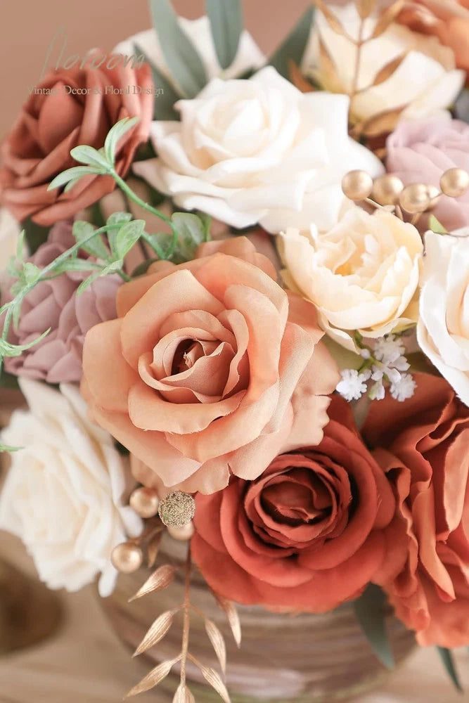 Terracotta Artificial Flowers Burnt Orange Fake Roses Peonies Dahlia Greenery Peony