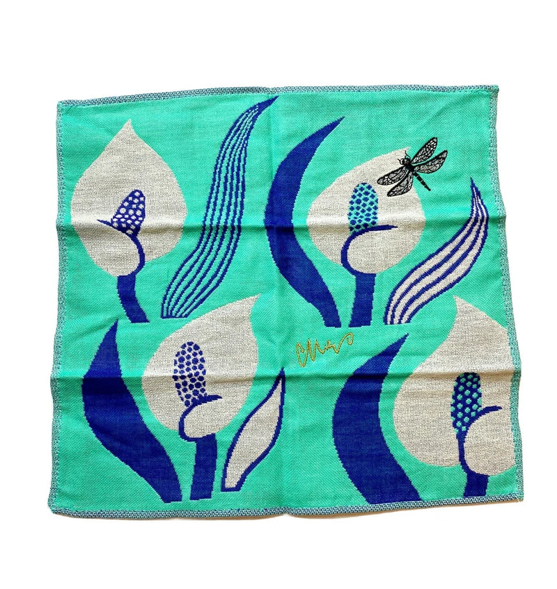 Morita MimaHome Embroidered Handkerchief~Calla Lilies/Dragonfly~10.25"x9.75"~NEW Lily