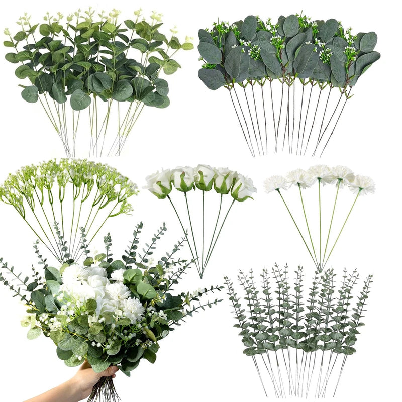 Set of artificial eucalyptus stems with mixed green and white leaves on silver stems