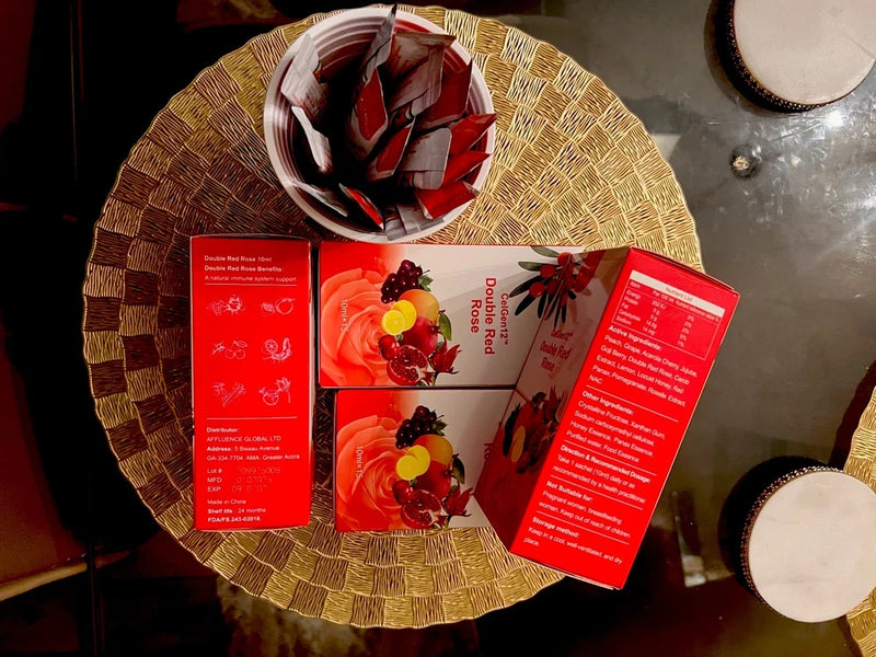 Red rose supplement box with 15 packet sachets, red packaging and flower graphics