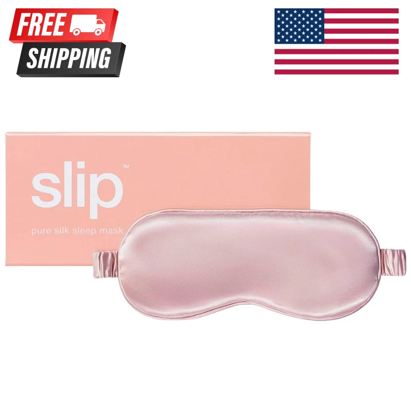 Pink satin sleep mask with contoured eye shape and adjustable side strap