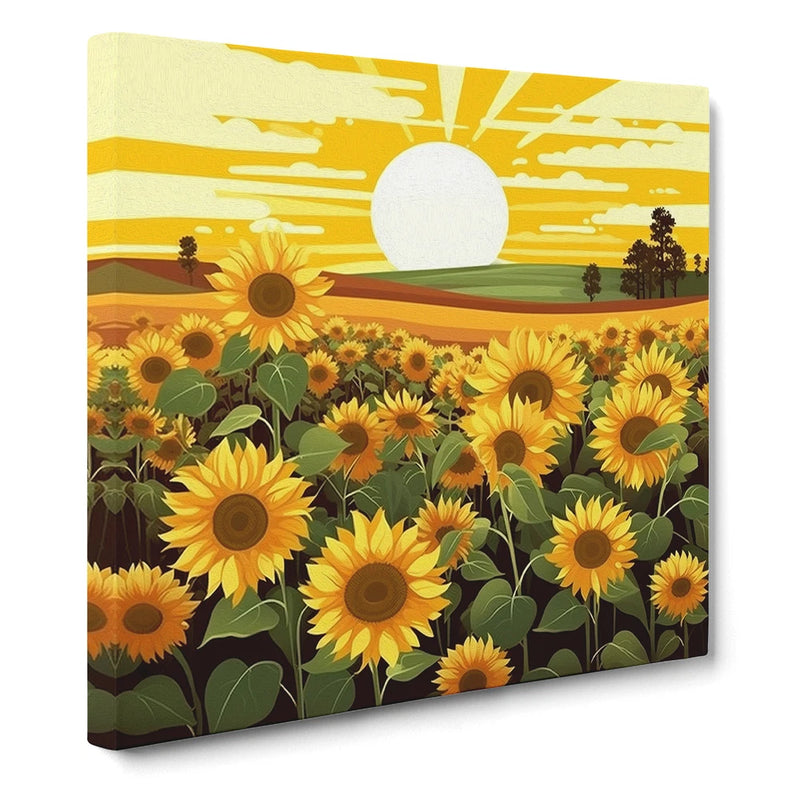 Framed canvas wall art: sunflower field with yellow blooms, hills, and a bright sun