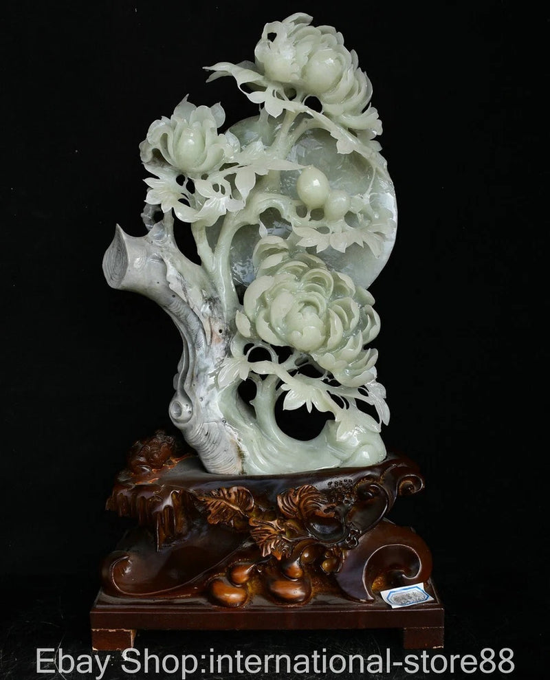 Jade peony flower tree sculpture with carved blossoms on ornate wooden base