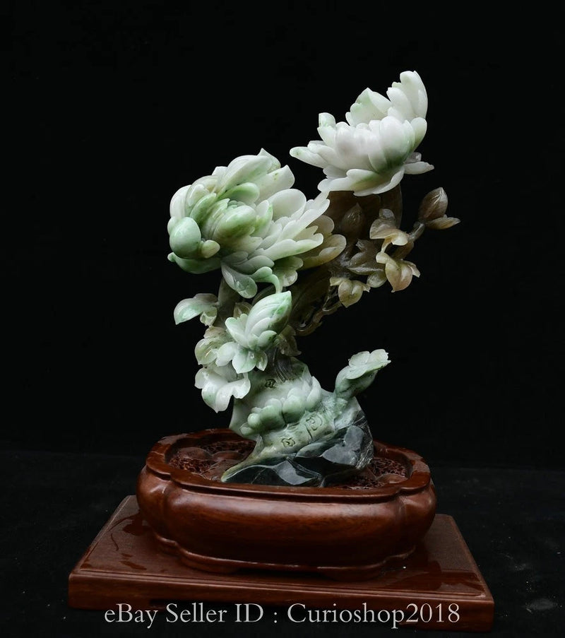 Natural Dushan jade peony flower carving statue with green leaves on dark brown base