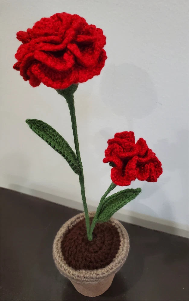 Handmade Red Carnation Flower in Soil Plant Pot Realistic Amigurumi Crochet Leaf Carnation