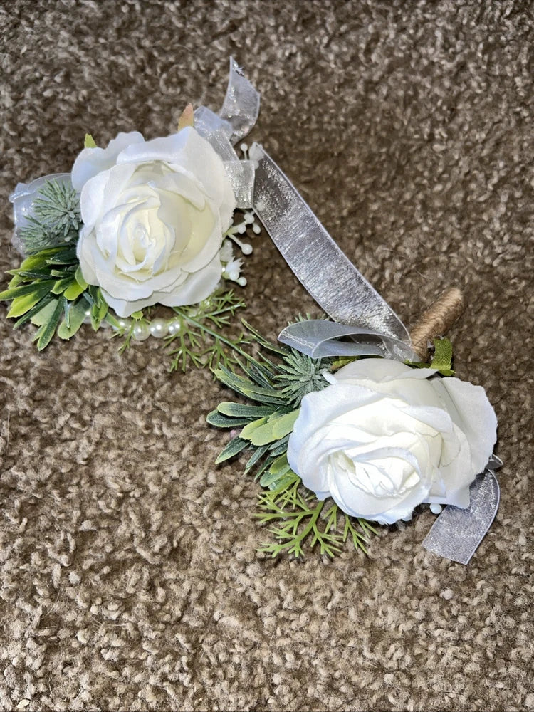 White Silk Rose corsage and boutonniere set Bouquet