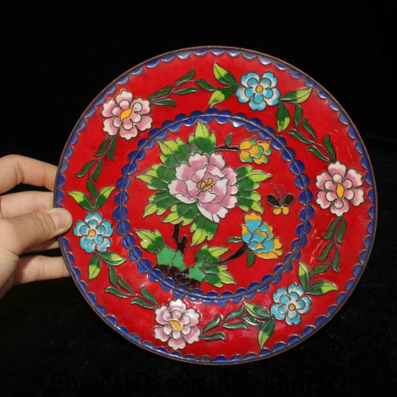 7.8" Old Cloisonne Enamel Bronze Gild Peony Flower Butterfly Plate Dish Tray Peony