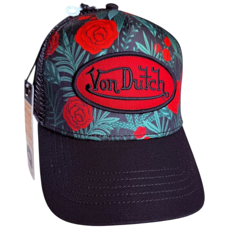 Black mesh trucker cap with red rose tropical print and Von Dutch oval patch