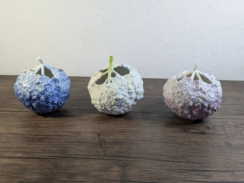 3 Royal Copenhagen Hydrangea Vase Blue Purple And Green. No Box. Sold As Set. Hydrangea