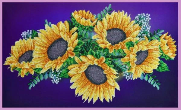 Sunflower bead embroidery motif with yellow flowers, dark centers, and green leaves