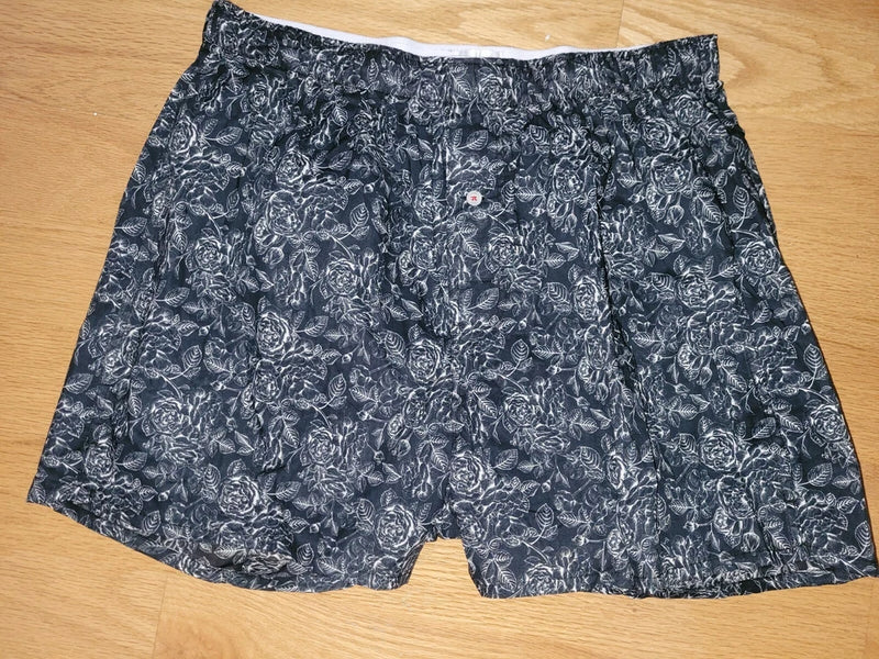 Men's organic cotton boxers with dark navy rose floral pattern and front fly