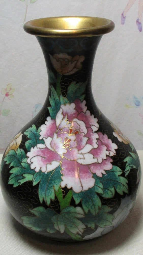 Black floral Asian vase with pink peony and butterfly design, gold rim, 6 inch