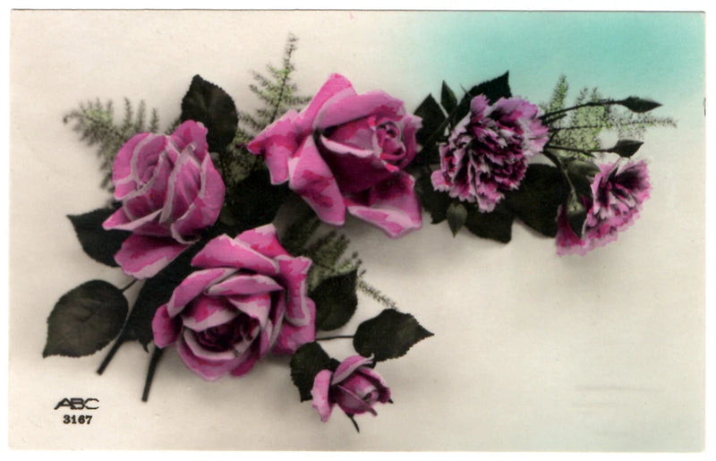 Pink roses carnations flowers floral vintage photo postcard 1920's French RPPC Carnation