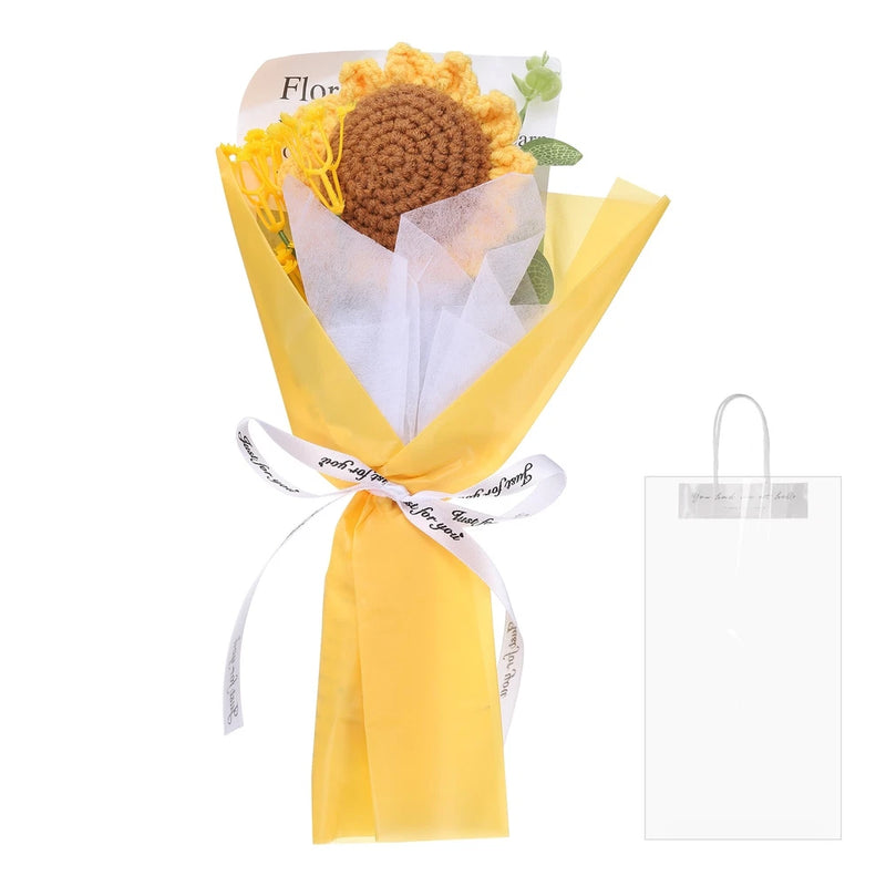 Handmade crochet sunflower bouquet with yellow petals, brown center, wrapped in yellow tissue.