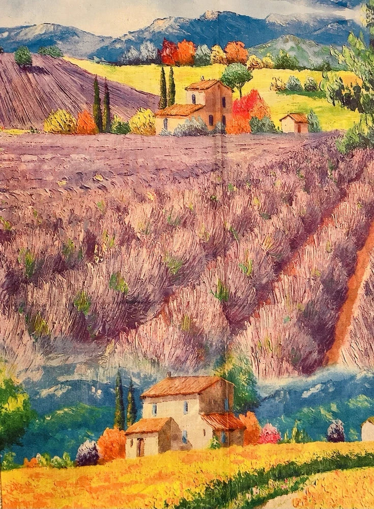 Cashmere scarf with impressionist landscape painting: lavender fields, village, yellow green tones
