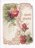 GOOD WISHES, carnation flowers die cut Tuck Victorian Christmas card circa 1900 Carnation