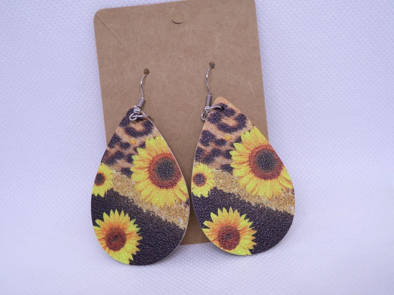 Sunflower printed teardrop PU leather drop earrings with silver-tone hooks