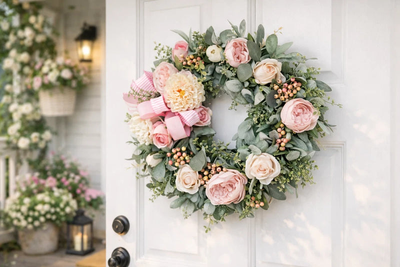Lambs ear and eucalyptus wreath, pink silk floral wreath, front door wreath Peony