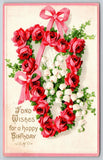 Flower Greetings~Red Roses Harp~Lily Of Valley On Strings~c1910 Vintage Postcard Lily