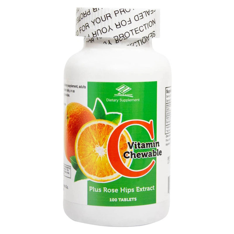 Vitamin C chewable supplement bottle, rose hips extract, 100 tablets