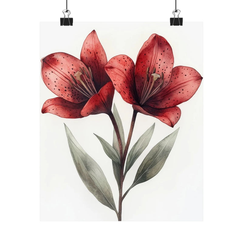 Floral art print poster with two burgundy lilies and green leaves on white background