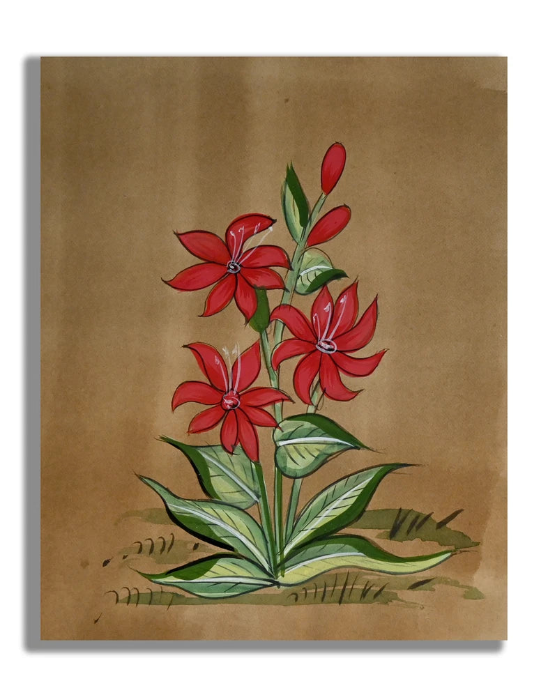 Miniature floral painting of red lily bouquet with green leaves on light brown canvas