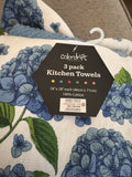 NEW Set 3 Blue Hydrangea Flower Floral KITCHEN TOWELS Cotton Hydrangea