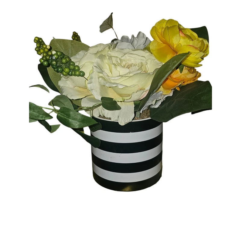 Gorgeous Yellow And White Artificial Floral Arrangement In Black and White... Ranunculus