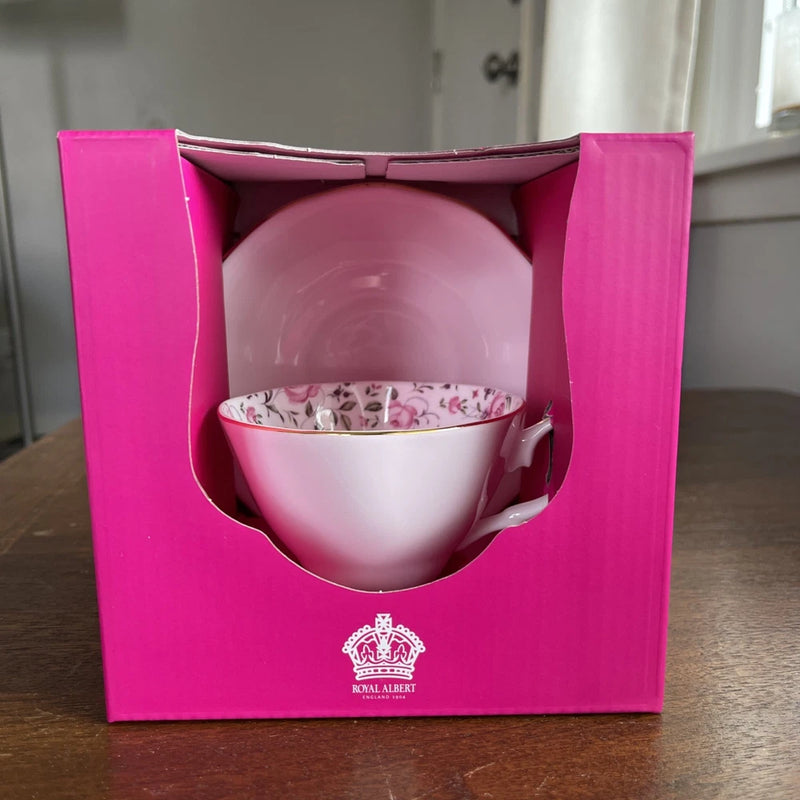 Teacup and saucer set with pink floral pattern in Royal Albert gift box
