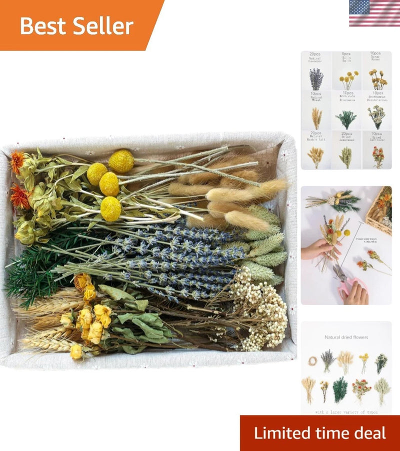 Natural dried flower stems set with mixed yellow, blue, and lavender bouquet bunches