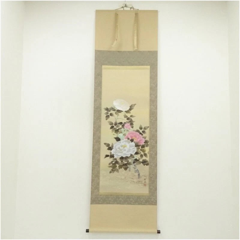 Japanese Hanging Scroll Eiro Peony Flower Handpainted Silk Painting Peony
