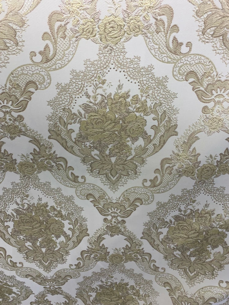CHAMPAGNE GOLD Metallic Floral Brocade Upholstery Drapery Fabric (110 in.) BTY Flowering Plants