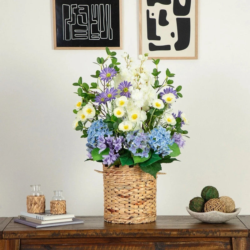 31Ó Artificial Mixed Flower & Hydrangea Arrangement in Hyacinth Weave Basket Hydrangea