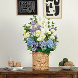 31Ó Artificial Mixed Flower & Hydrangea Arrangement in Hyacinth Weave Basket Hydrangea