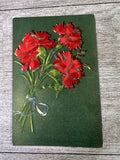 Vintage Glitter Postcard Red Carnations Bouquet Flowers Embossed Early 1900s Carnation