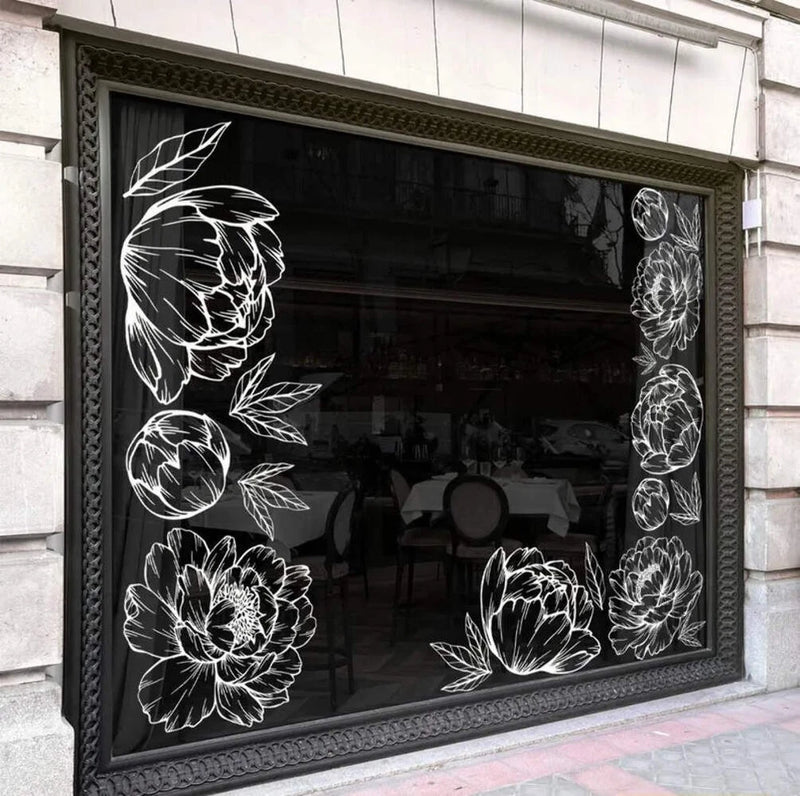 Peony flower and leaf window decal in white line-art style