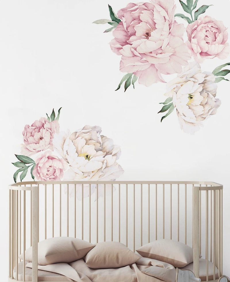 Peony flower wall stickers with pale pink and white blooms and green leaves