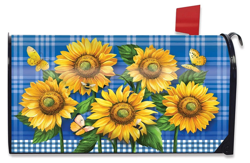 Blue mailbox cover with large yellow sunflowers, butterflies, and black trim