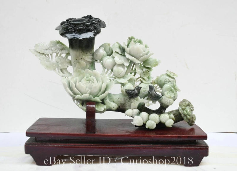 Jade peony flower ruyi sculpture with carved blooms and decorative base, green and white