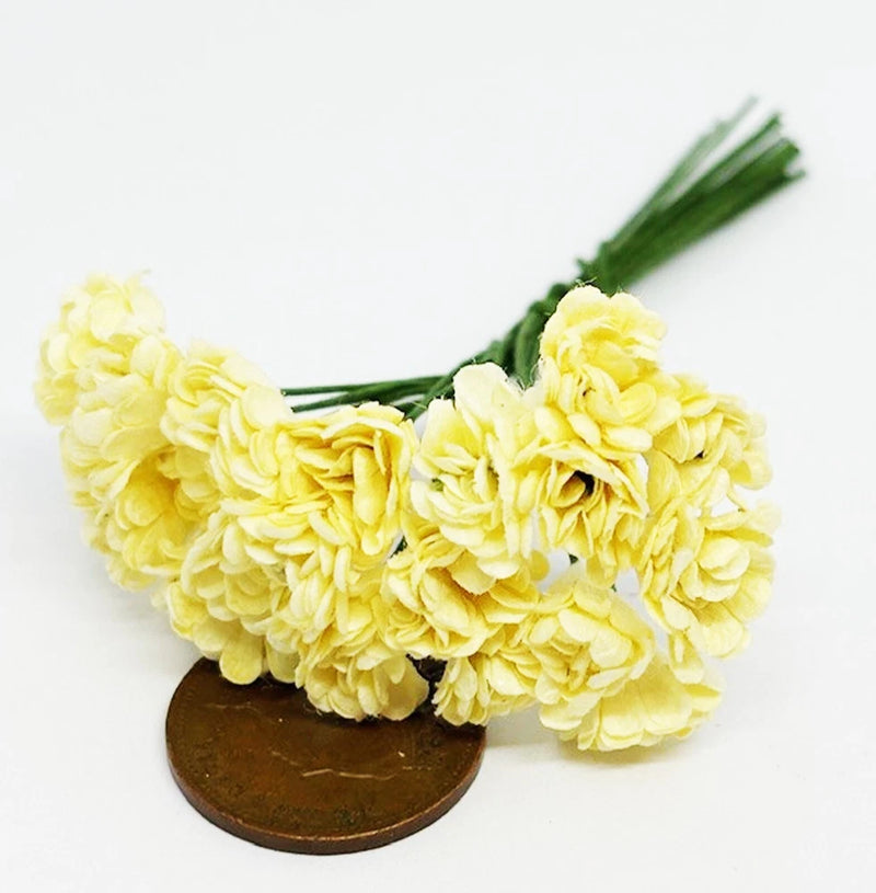 Dollhouse paper carnation flower bunch, yellow blooms with green stems