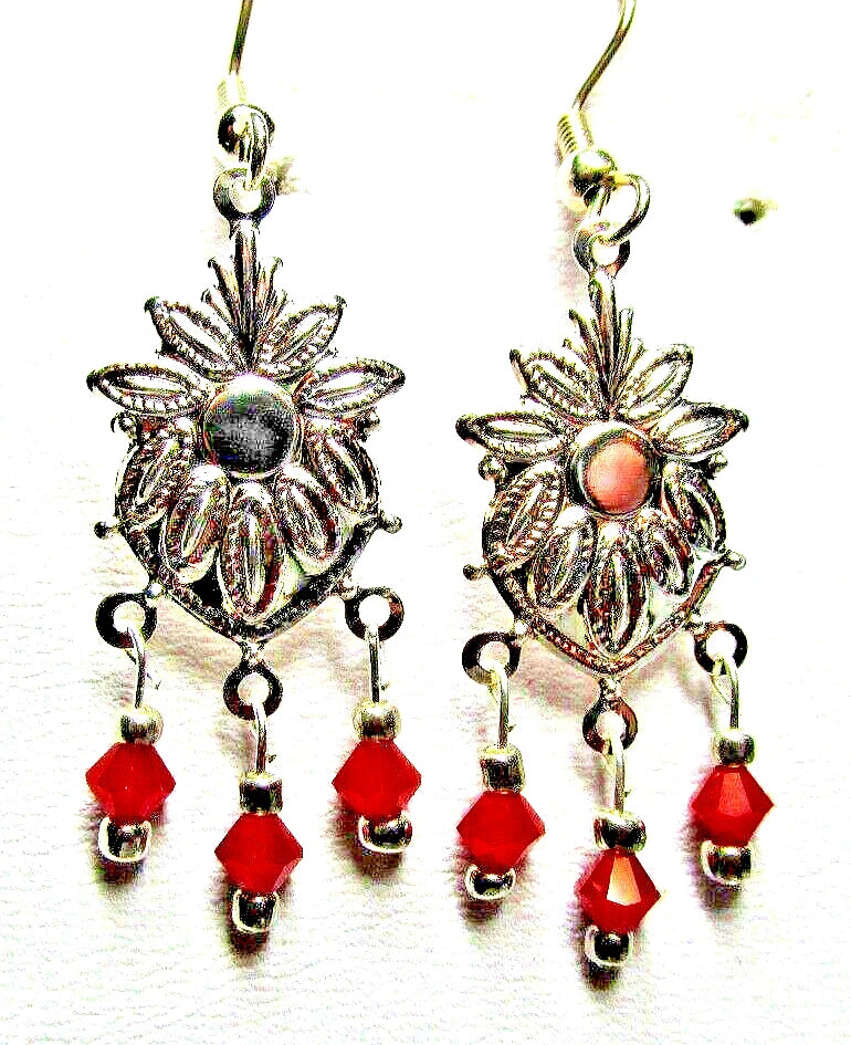 Silver-tone sunflower drop earrings with red crystal center and red bead dangles