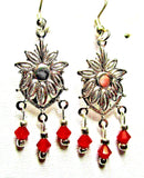 Silver Satin Red Bi-Cone Crystal Fancy Sunflower Pierced Earrings - NEW (#285) Sunflower