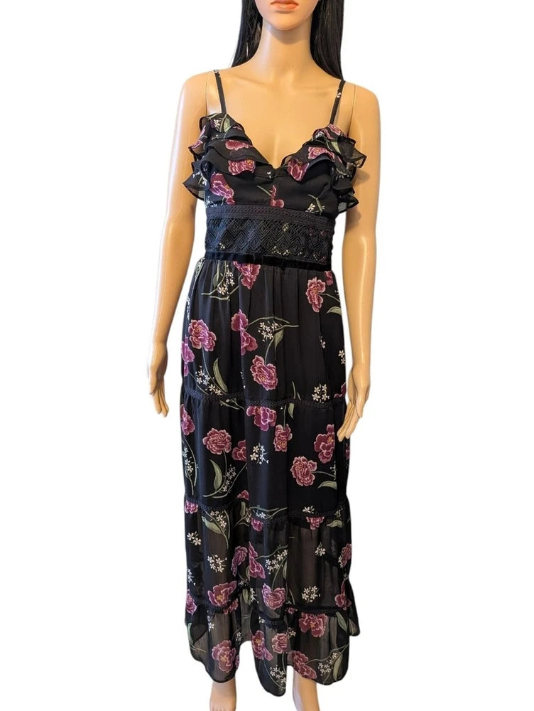 Black floral peony spring dress with ruffled straps and tiered skirt