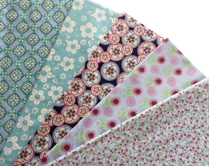 5 Fat Quarters Bundle Light Blue Floral Fabric -100% Cotton  (316-5) Flowering Plants