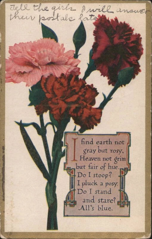 Vintage postcard with pink and dark red carnation bouquet and poem message