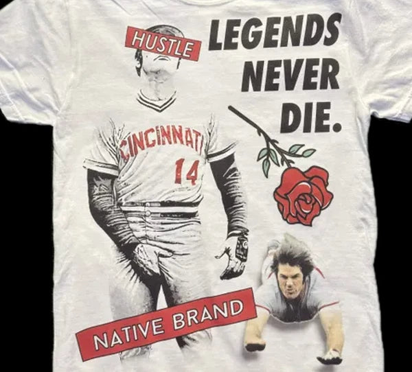 White crewneck T-shirt with 'LEGENDS NEVER DIE' print, rose and baseball player graphic