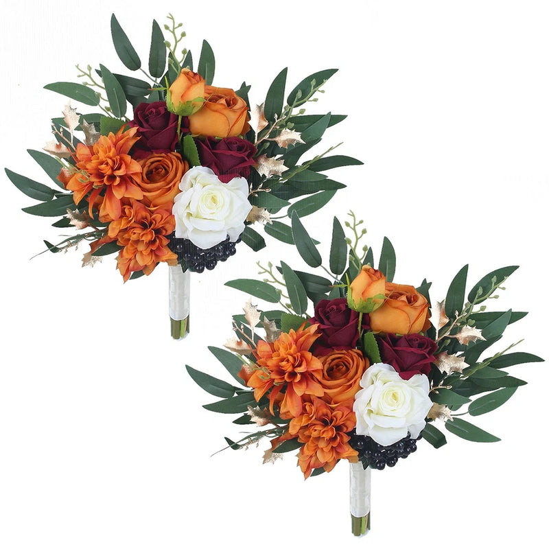 Rinlong Set of 2 Fall Wedding Bouquets for Bridesmaids Burnt Orange Bridesmai... Bouquet