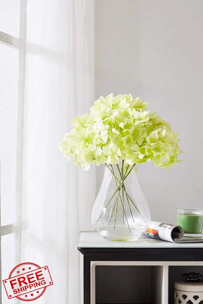 KISLOHUM 10pc Pale Green Artificial Hydrangea Flower Heads Long Stem DIY Decor Hydrangea